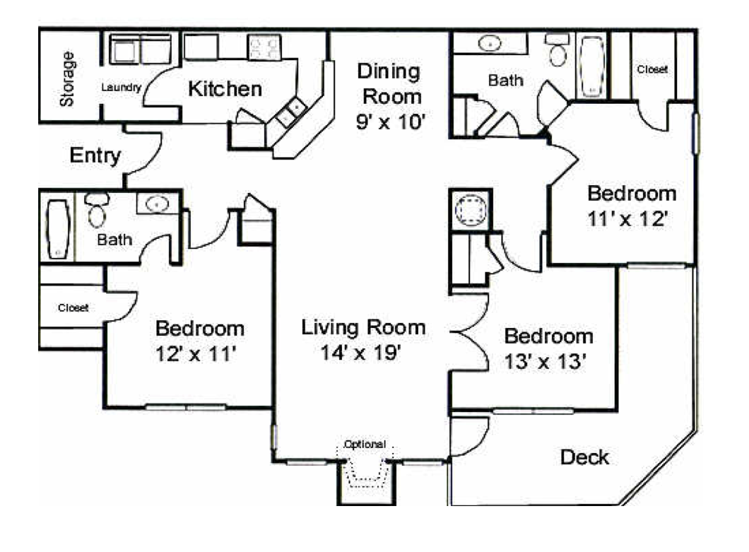 Floor plan for 3 beds, 2 baths, 1449 sqft